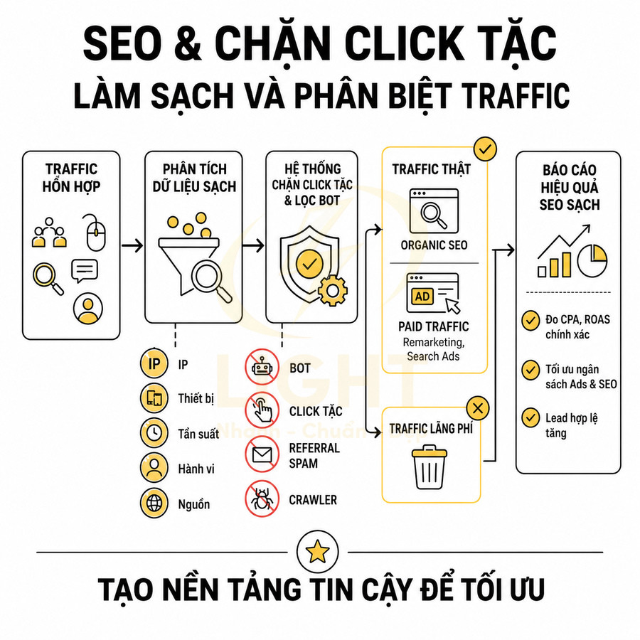 Quy trình SEO chặn click tặc và lọc bot để làm sạch traffic, tối ưu ngân sách quảng cáo và tăng lead hợp lệ