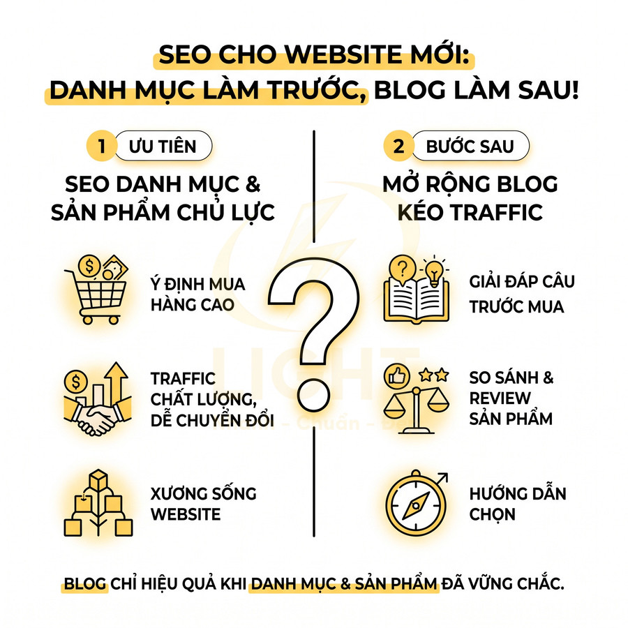 Hướng dẫn SEO website mới ưu tiên danh mục và sản phẩm chủ lực trước, mở rộng blog kéo traffic sau