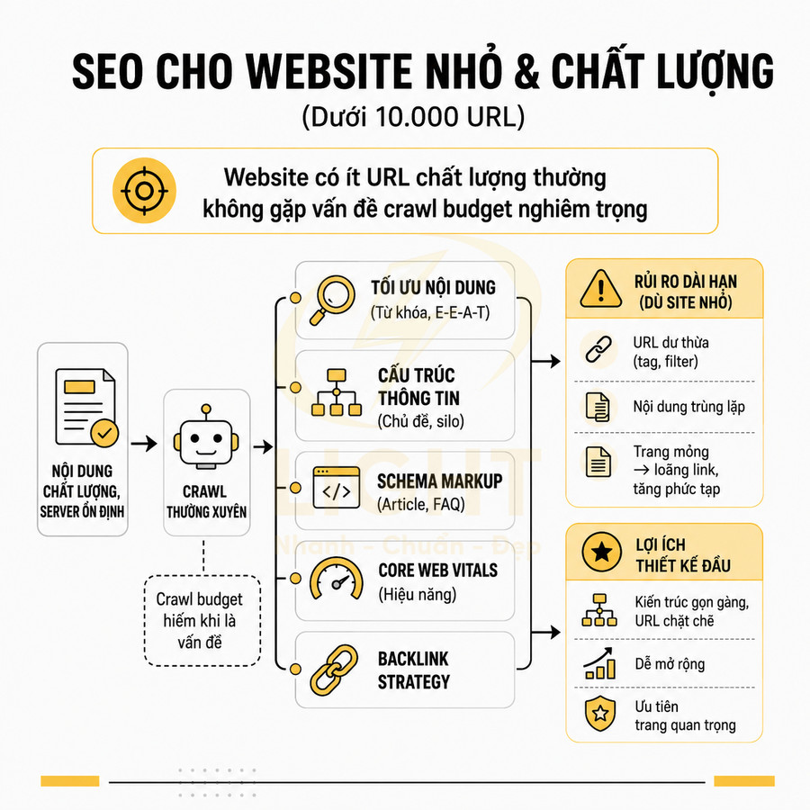 Hướng dẫn SEO cho website nhỏ dưới 10.000 URL với tối ưu nội dung, cấu trúc, schema, core web vitals và backlink