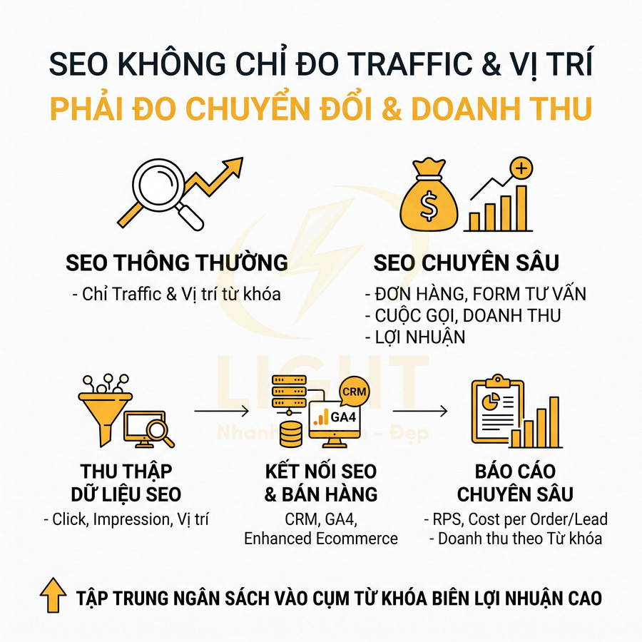 Infographic quy trình SEO chuyên sâu đo chuyển đổi và doanh thu, kết nối dữ liệu SEO với bán hàng và báo cáo hiệu quả