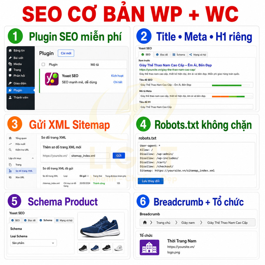 Hướng dẫn SEO cơ bản cho WordPress và WooCommerce với Yoast SEO, sitemap, robots.txt, schema và breadcrumb