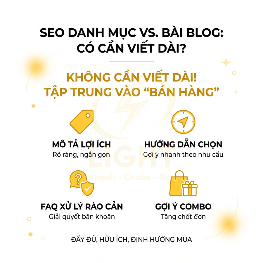 Hướng dẫn SEO danh mục và bài blog, nhấn mạnh không cần viết dài mà tập trung mô tả lợi ích, hướng dẫn chọn, FAQ và gợi ý combo