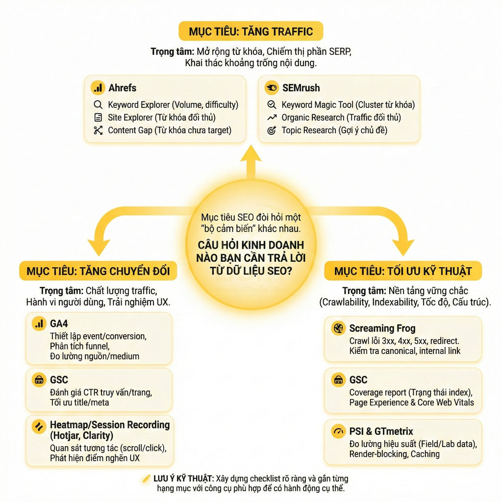 Sơ đồ các mục tiêu SEO với công cụ Ahrefs, SEMrush, GA4, GSC, Screaming Frog, PSI và GTMetrix
