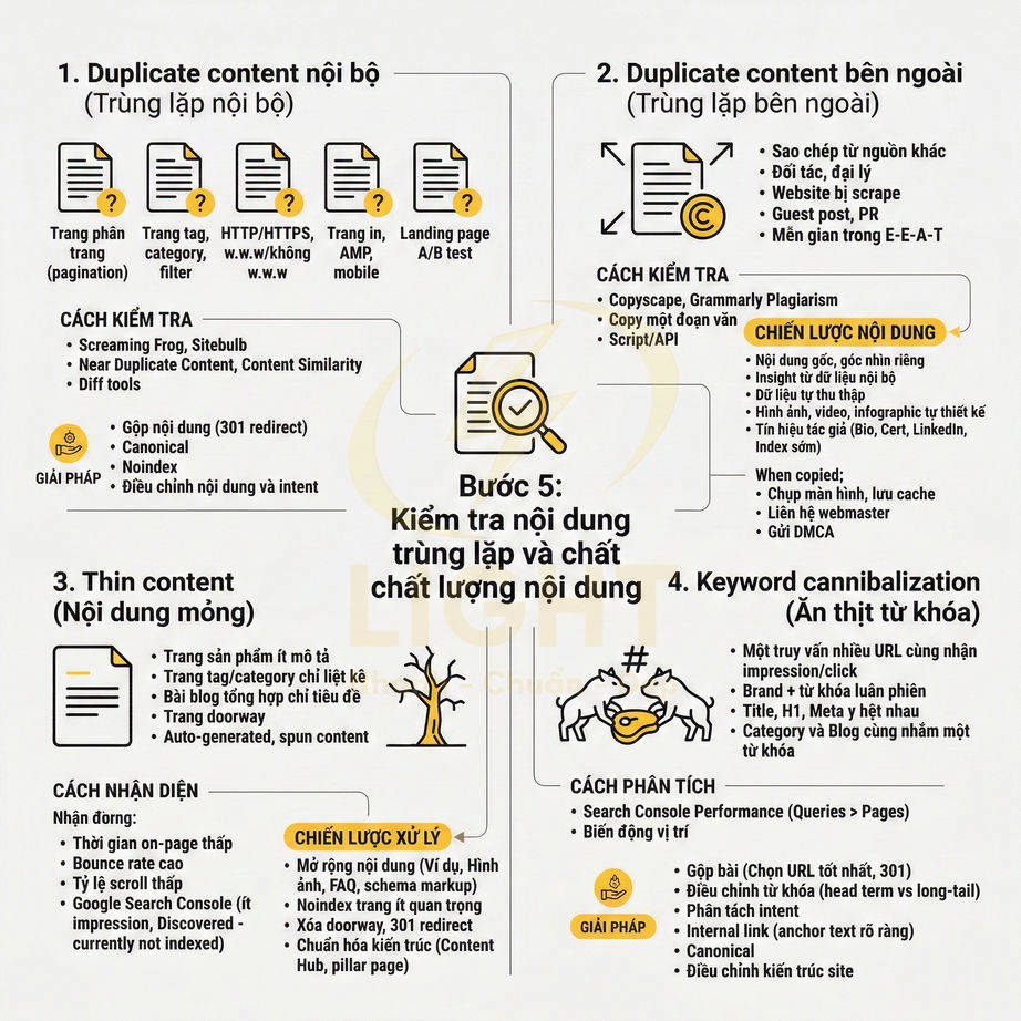 Infographic hướng dẫn kiểm tra duplicate content, thin content và keyword cannibalization trong chiến lược SEO nội dung