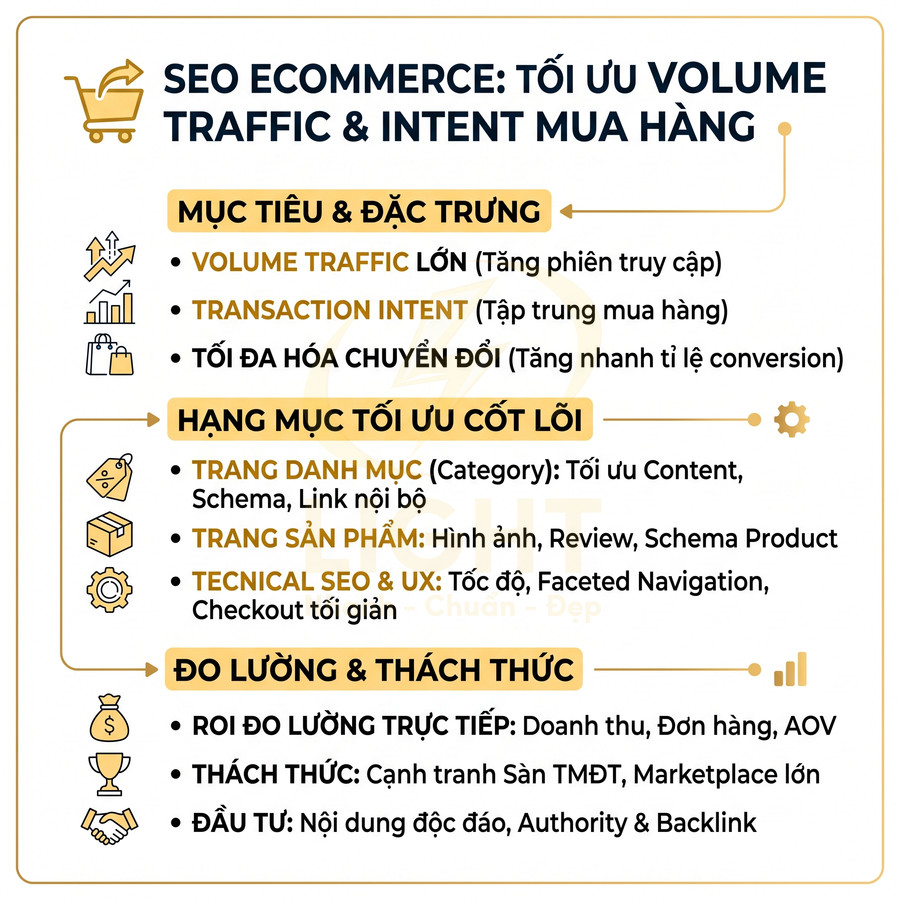 Infographic SEO ecommerce tối ưu volume traffic, intent mua hàng và các hạng mục tối ưu cốt lõi cho website bán hàng