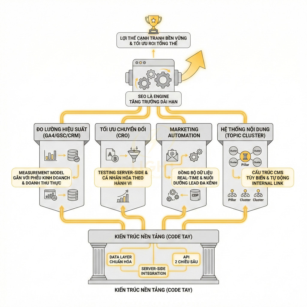 Sơ đồ kiến trúc nền tảng SEO tích hợp đo lường, tối ưu chuyển đổi, marketing automation và hệ thống nội dung