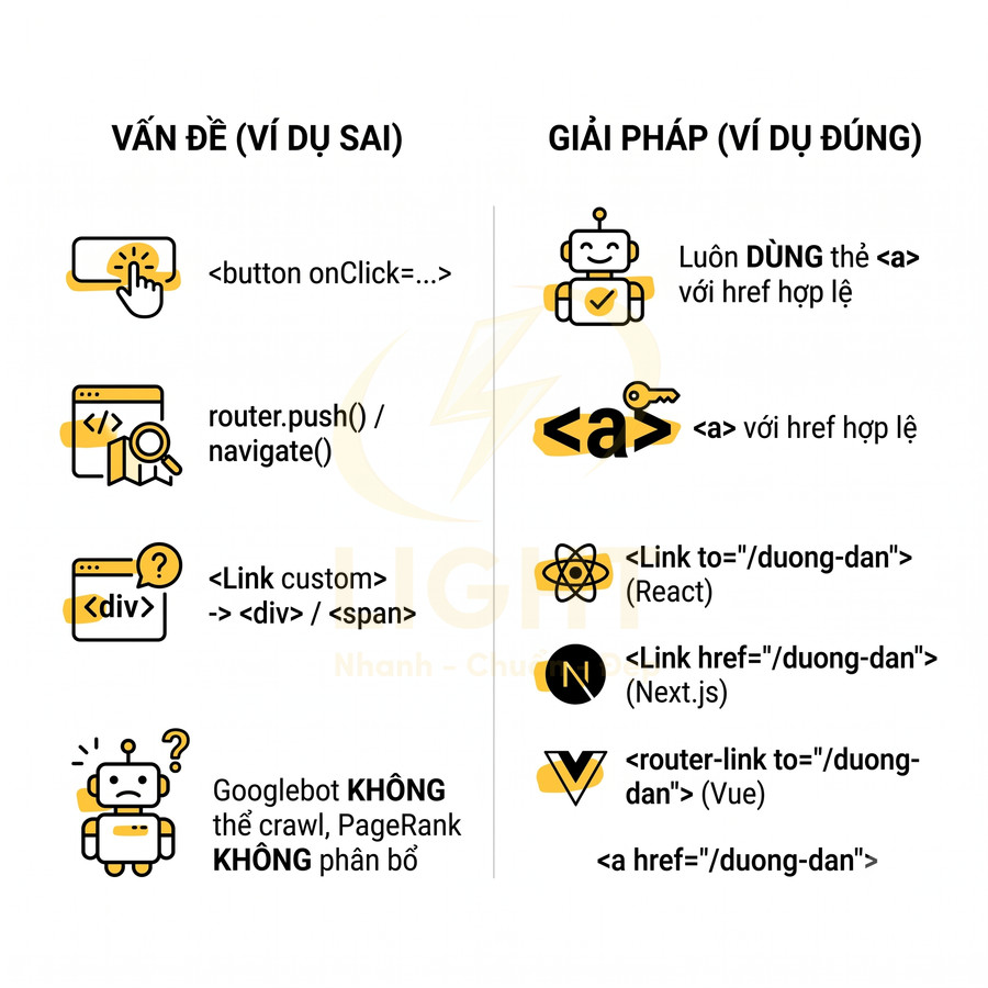 So sánh ví dụ sai và đúng khi dùng thẻ a, Link React, Next.js, Vue để tối ưu crawl và phân bổ PageRank