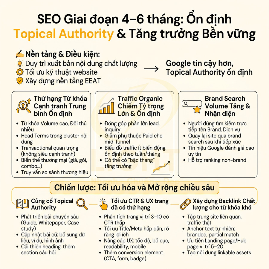 Infographic chiến lược SEO giai đoạn 4 đến 6 tháng tập trung Topical Authority và tăng trưởng bền vững