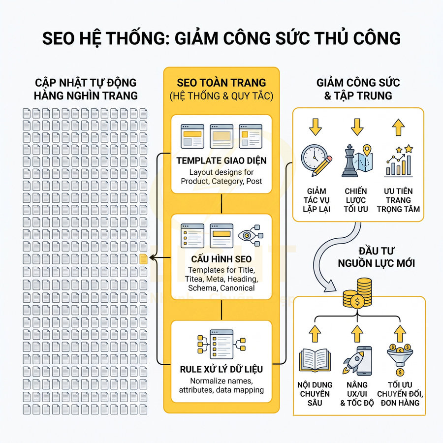 Sơ đồ quy trình SEO hệ thống giúp tự động cập nhật hàng nghìn trang và giảm công sức tối ưu thủ công