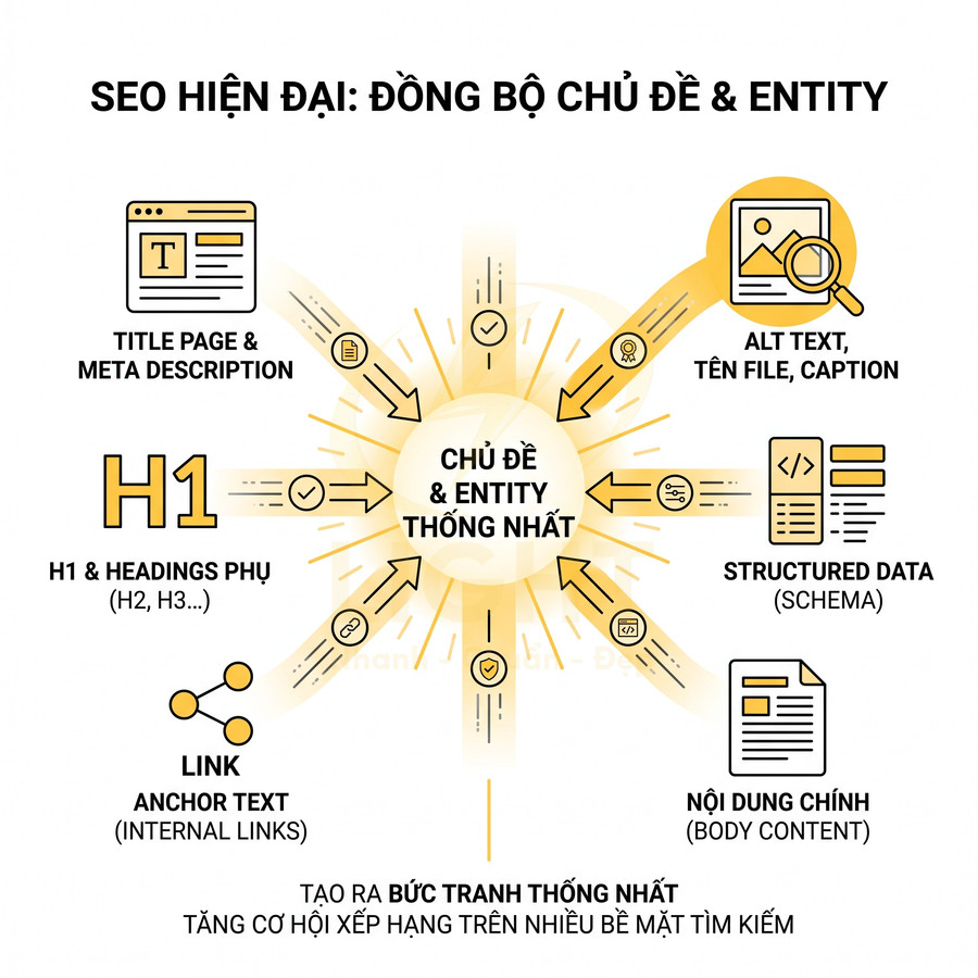 Mô hình SEO hiện đại đồng bộ chủ đề và entity giữa H1, nội dung, link, schema và thẻ alt ảnh