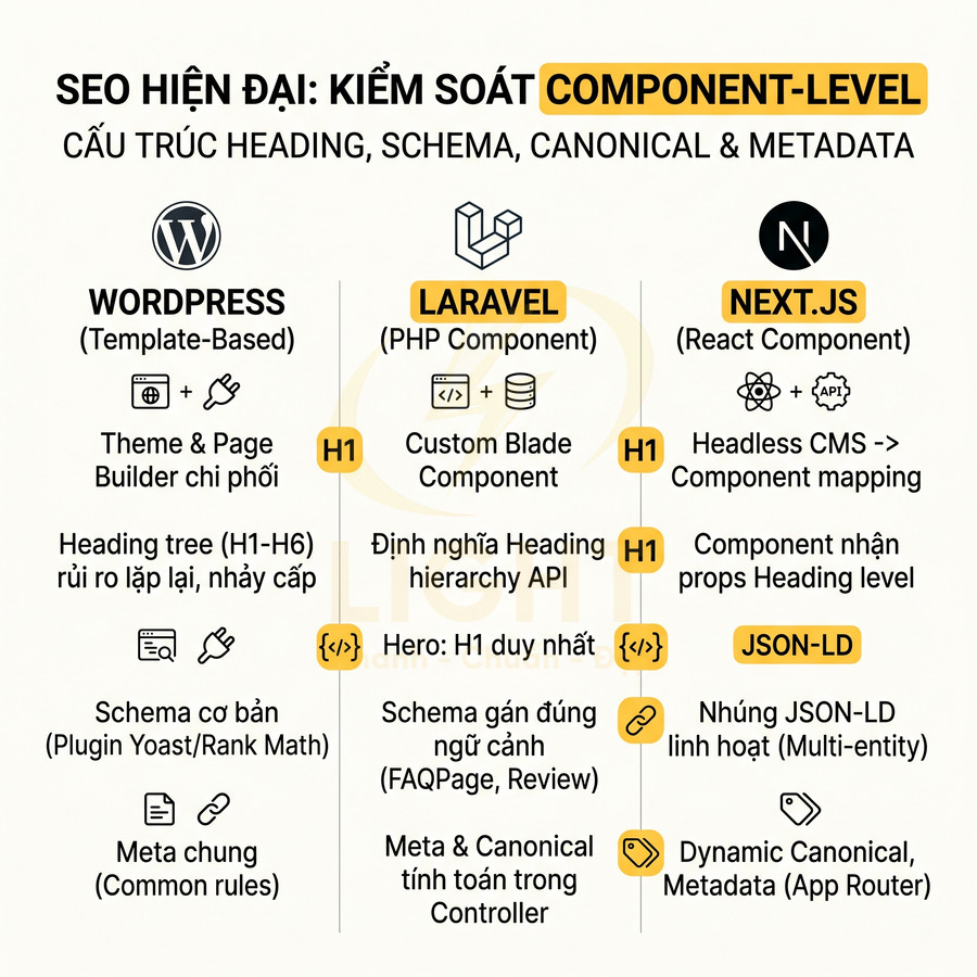 So sánh kiểm soát SEO component level giữa WordPress, Laravel và Next.js với heading, schema, canonical