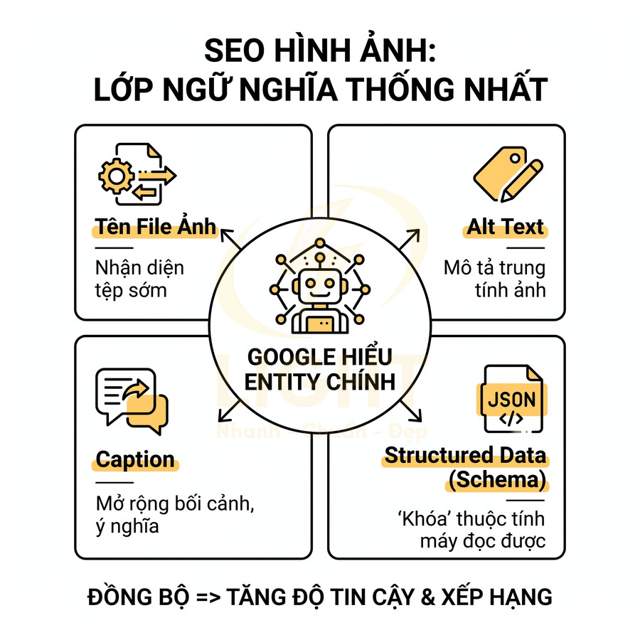 Mô hình SEO hình ảnh minh họa vai trò tên file, alt text, caption và structured data giúp Google hiểu nội dung