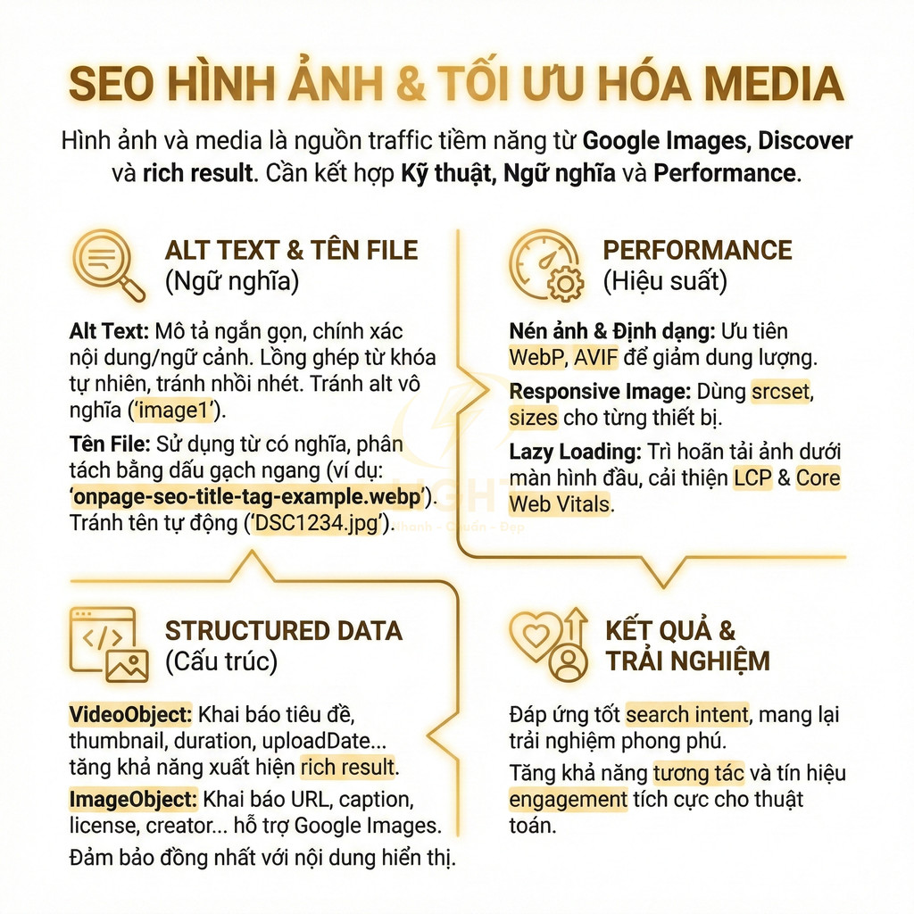 Hướng dẫn SEO hình ảnh và tối ưu hóa media với alt text, tên file, structured data và hiệu suất tải trang