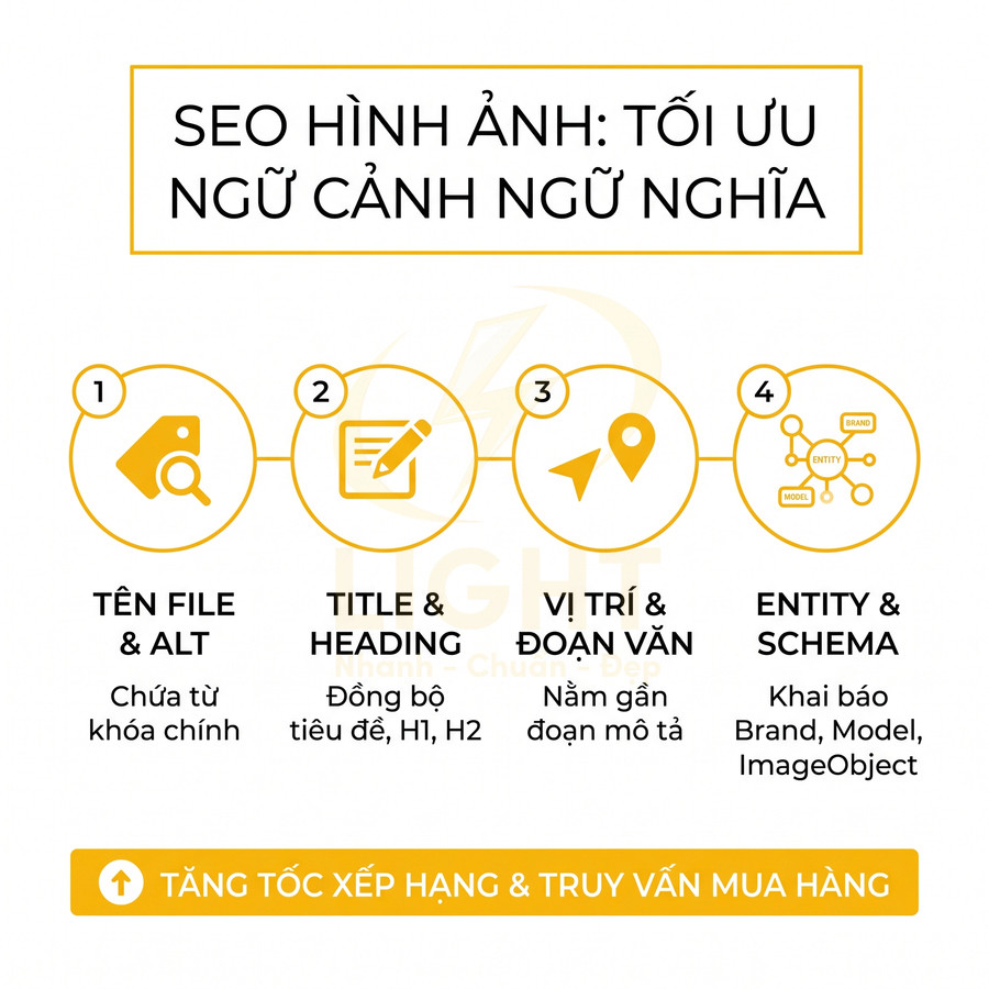 Hướng dẫn tối ưu SEO hình ảnh với tên file, thẻ alt, tiêu đề, vị trí nội dung và schema để tăng xếp hạng