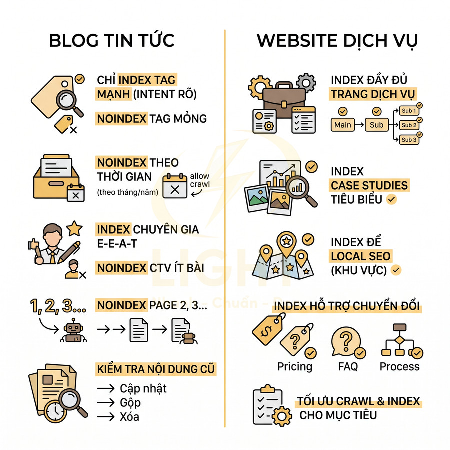 Hướng dẫn tối ưu index và noindex cho blog tin tức và website dịch vụ bằng icon minh họa trực quan
