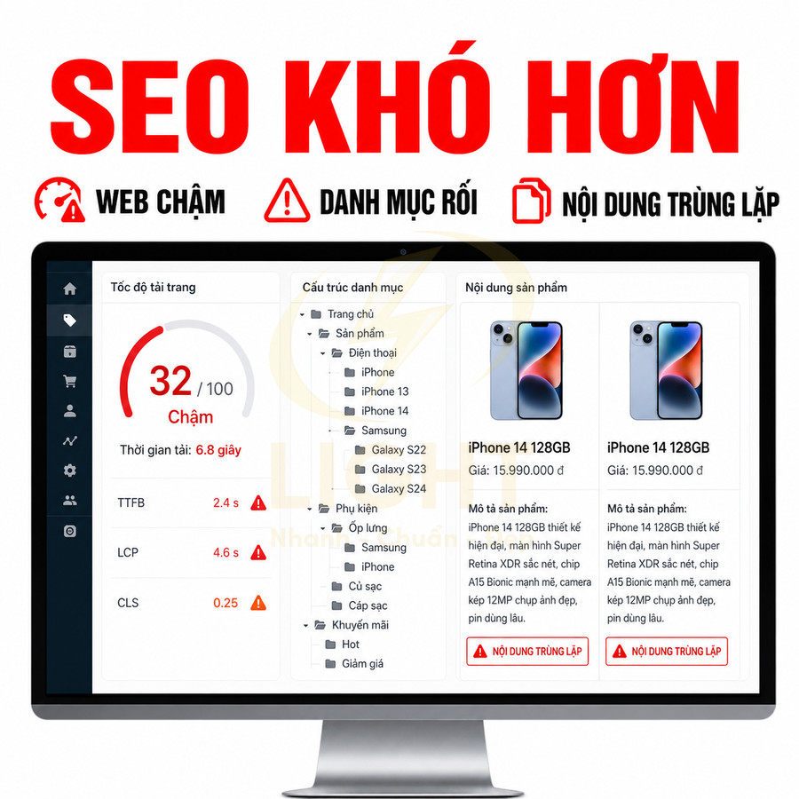 Màn hình máy tính hiển thị trang quản trị bán iPhone 14 128GB với cảnh báo nội dung trùng lặp và tốc độ tải trang chậm