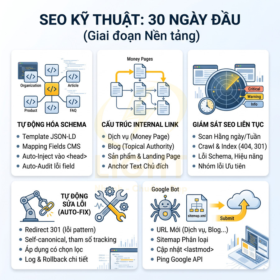 Checklist SEO kỹ thuật 30 ngày đầu với schema, internal link, giám sát lỗi, auto fix và gửi sitemap cho Google