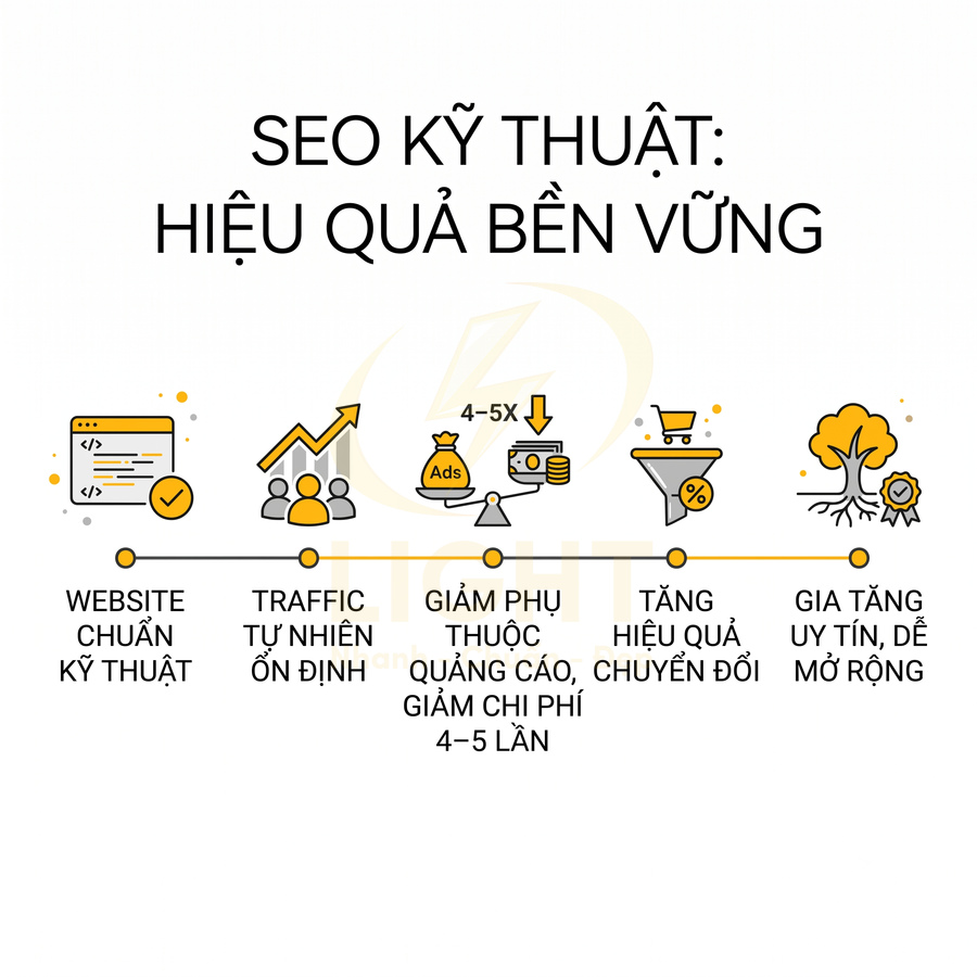 Lợi ích SEO kỹ thuật cho website gồm tăng traffic tự nhiên, giảm chi phí quảng cáo và nâng cao hiệu quả chuyển đổi