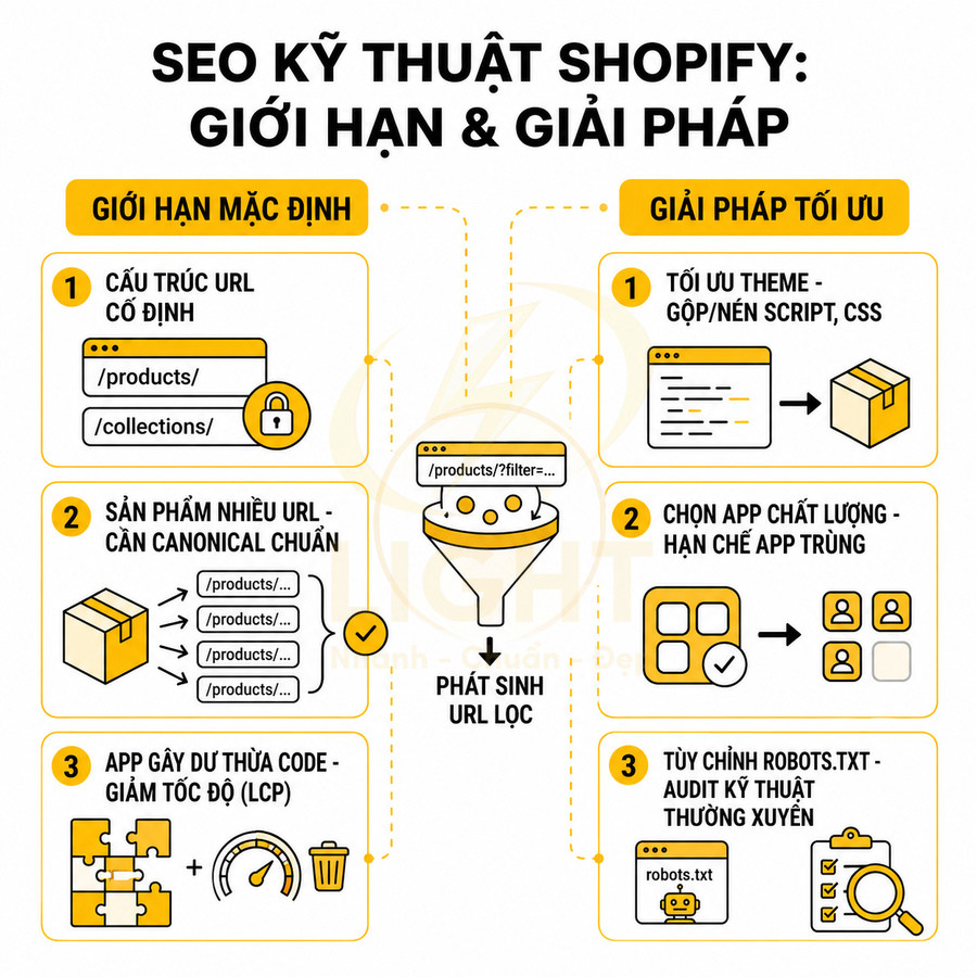 Infographic SEO kỹ thuật Shopify trình bày giới hạn mặc định và giải pháp tối ưu cho cấu trúc URL và app