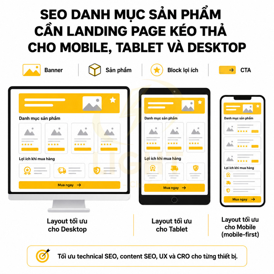 Mẫu landing page kéo thả tối ưu SEO cho danh mục sản phẩm trên desktop, tablet và mobile