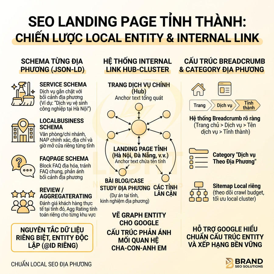 Infographic chiến lược SEO landing page tỉnh thành với schema địa phương, internal link hub cluster và breadcrumb địa phương