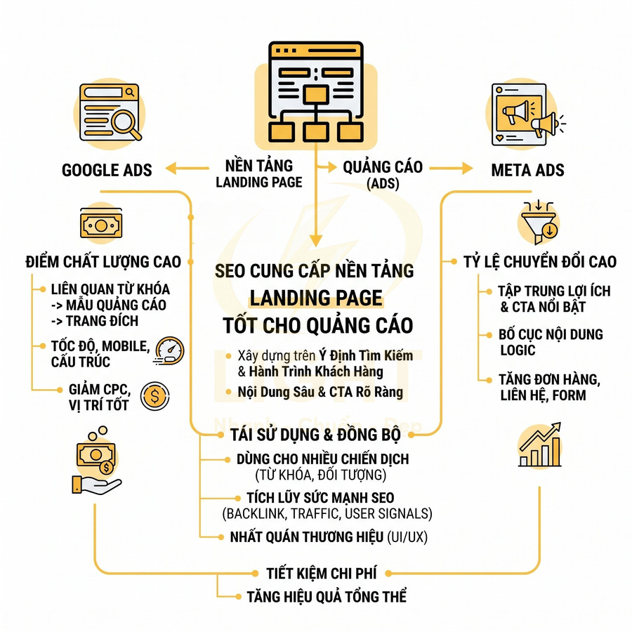 Infographic lợi ích SEO cho landing page trong quảng cáo Google Ads và Meta Ads, tối ưu chuyển đổi và chi phí