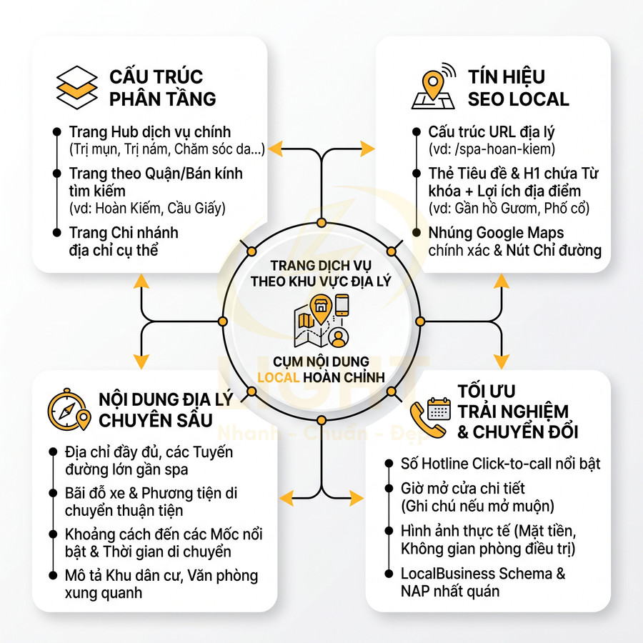 Sơ đồ cụm nội dung local hoàn chỉnh với cấu trúc trang dịch vụ, tín hiệu SEO local và tối ưu trải nghiệm chuyển đổi