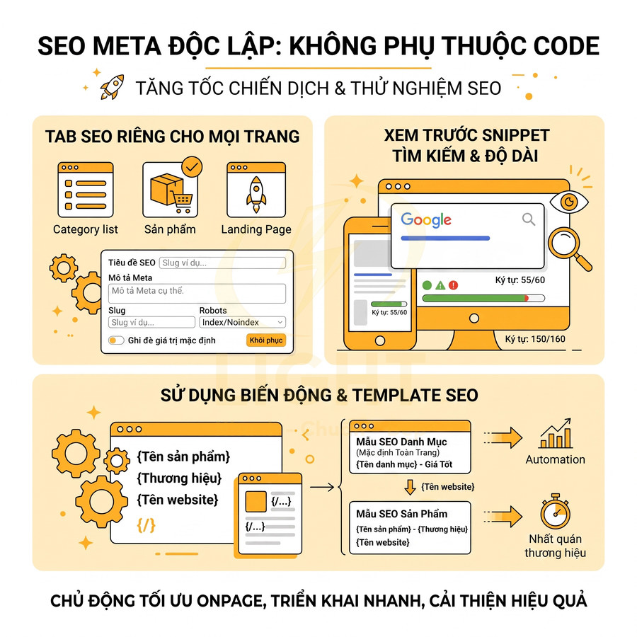 Infographic giới thiệu tính năng SEO meta độc lập, tạo tab SEO riêng, xem trước snippet và dùng template tối ưu onpage