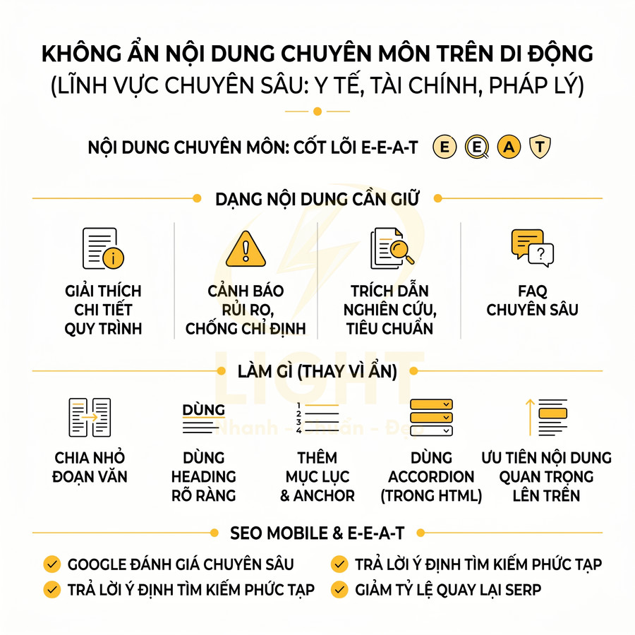 Hướng dẫn SEO mobile E-E-A-T cho nội dung chuyên môn y tế tài chính pháp lý với các dạng nội dung cần giữ