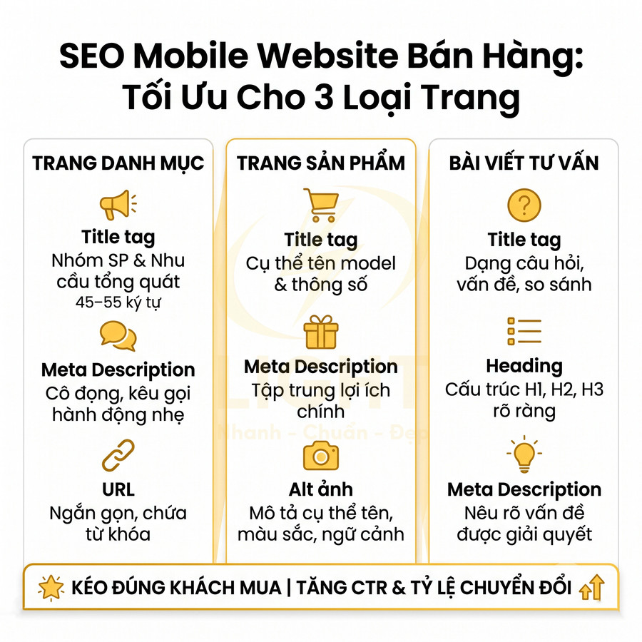 Hướng dẫn tối ưu SEO mobile website bán hàng cho trang danh mục, trang sản phẩm và bài viết tư vấn
