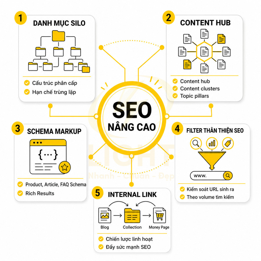 Sơ đồ các yếu tố SEO nâng cao gồm danh mục silo, content hub, schema markup, filter thân thiện SEO và internal link