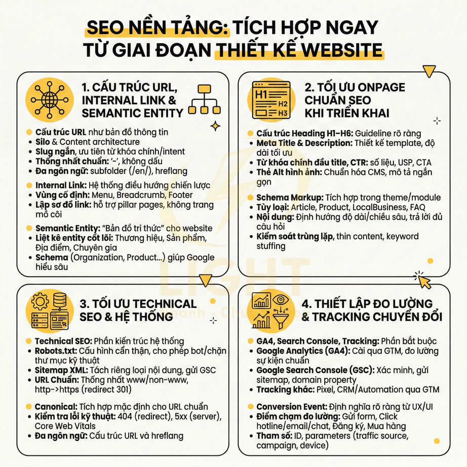 Infographic checklist SEO nền tảng khi thiết kế website với 4 bước tối ưu URL onpage technical và đo lường chuyển đổi