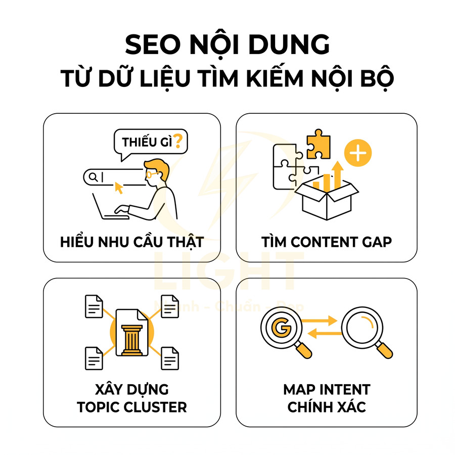 Minh họa quy trình SEO nội dung từ dữ liệu tìm kiếm nội bộ với các bước và biểu tượng trực quan