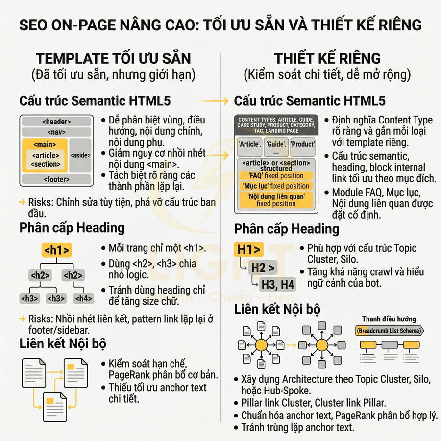 Infographic hướng dẫn SEO onpage nâng cao với cấu trúc semantic HTML5, phân cấp heading và liên kết nội bộ