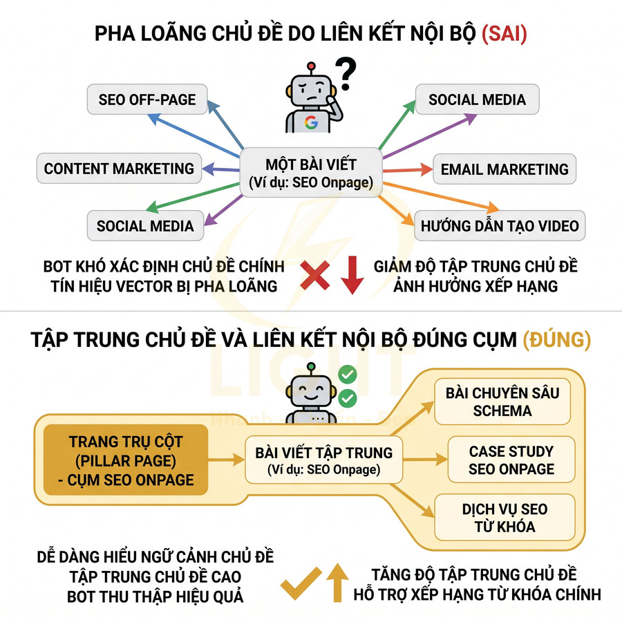 Minh họa so sánh liên kết nội bộ sai và đúng khi xây dựng cụm chủ đề SEO onpage