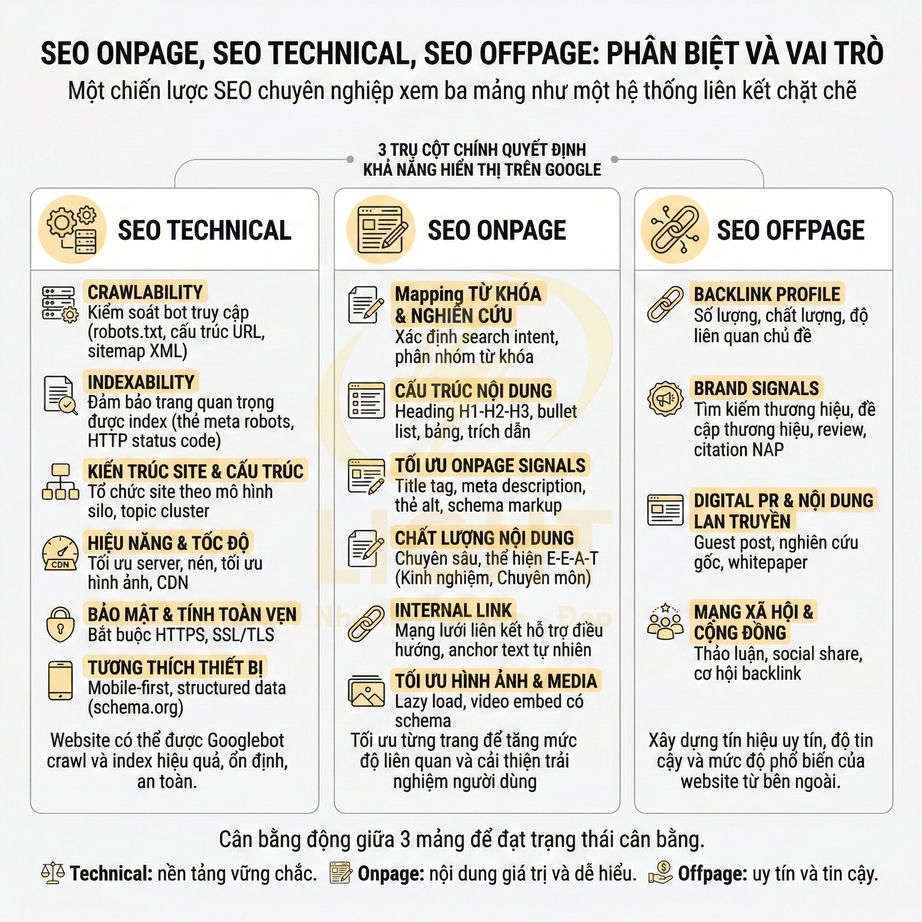 Bảng so sánh chi tiết SEO Technical, SEO Onpage và SEO Offpage cùng vai trò và các yếu tố quan trọng