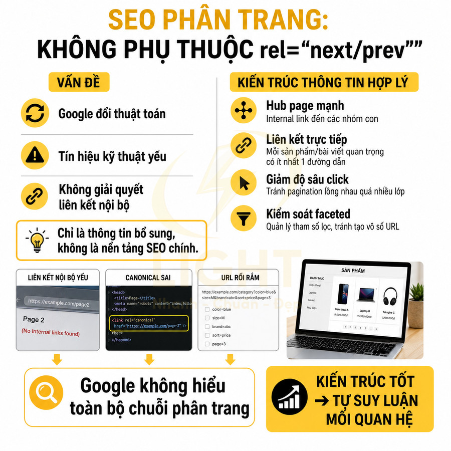 Infographic hướng dẫn SEO phân trang không phụ thuộc rel next prev với ví dụ lỗi liên kết nội bộ và kiến trúc thông tin hợp lý