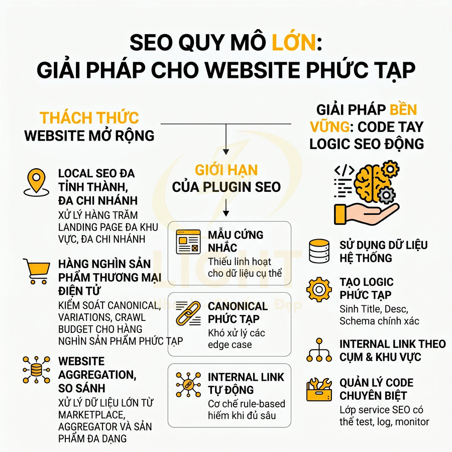 Infographic giải pháp SEO quy mô lớn cho website phức tạp với thách thức local SEO, thương mại điện tử và code tay logic SEO