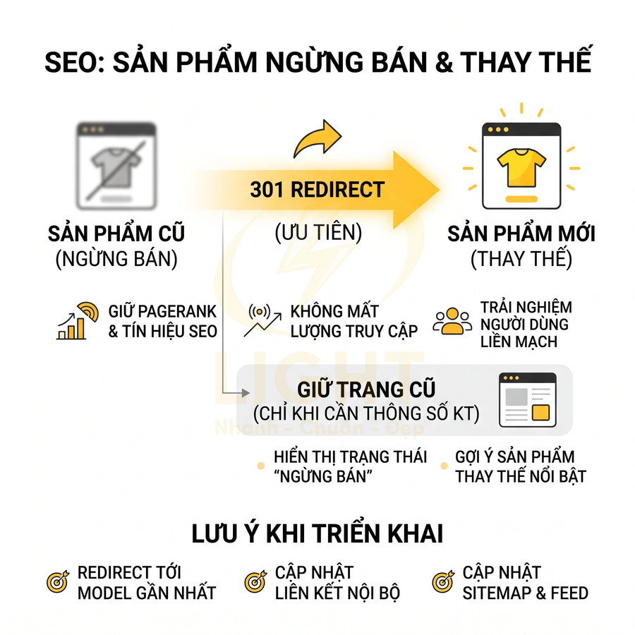 Hướng dẫn SEO cho sản phẩm ngừng bán với 301 redirect sang sản phẩm mới và lưu ý triển khai