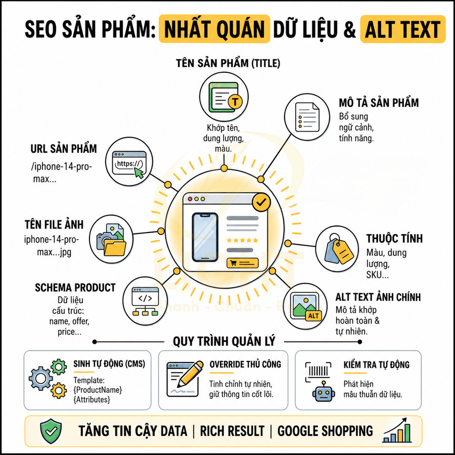 Infographic hướng dẫn tối ưu SEO sản phẩm với alt text và dữ liệu nhất quán cho trang bán iPhone 14 Pro Max
