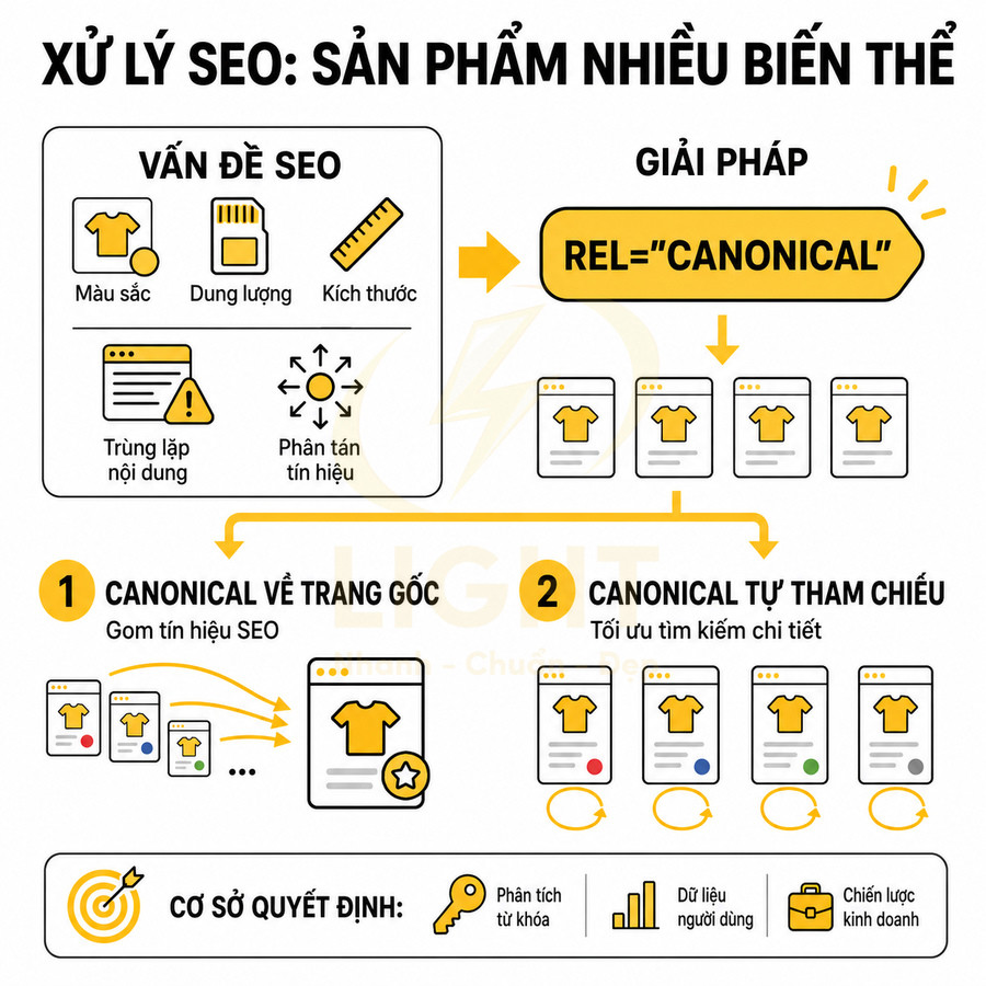 Hướng dẫn xử lý SEO cho sản phẩm nhiều biến thể bằng thẻ canonical và cách chọn trang chuẩn