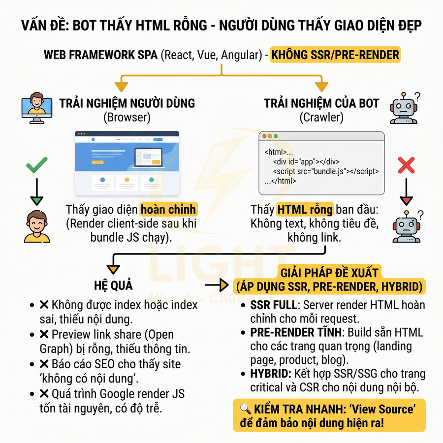 Infographic giải thích vấn đề SPA không SSR khiến bot thấy HTML rỗng và đề xuất giải pháp SSR, pre render, hybrid cho SEO