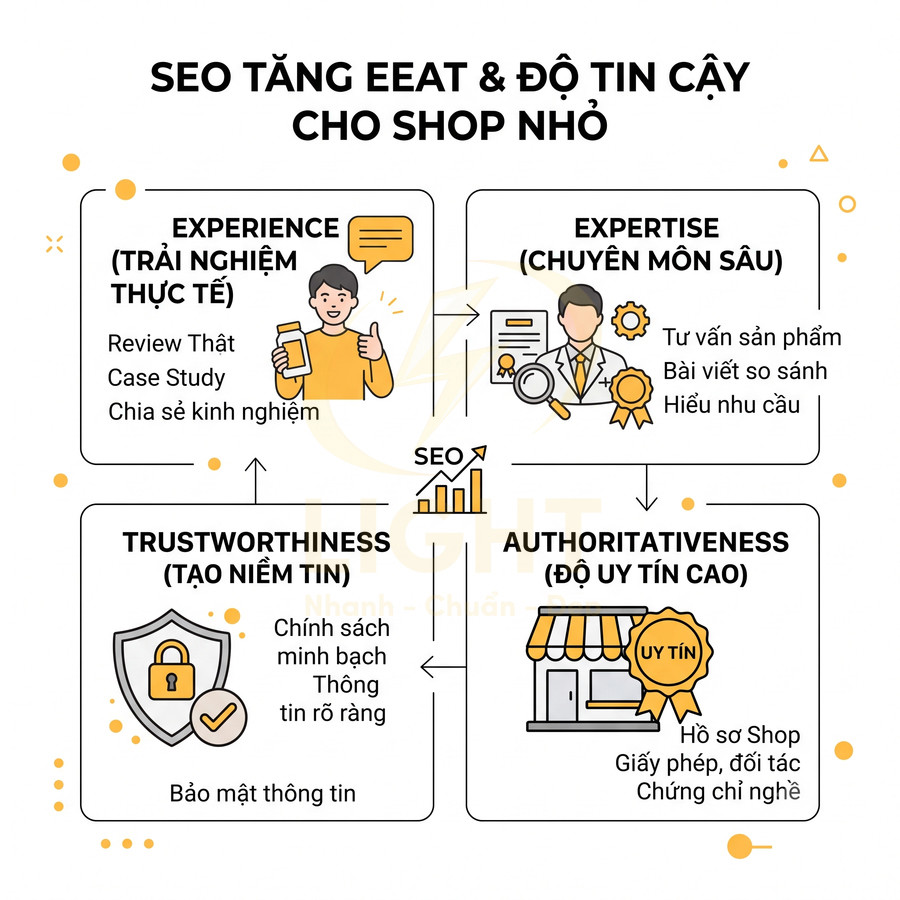 Infographic SEO tăng EEAT và độ tin cậy cho shop nhỏ với bốn yếu tố Experience Expertise Trustworthiness Authoritativeness