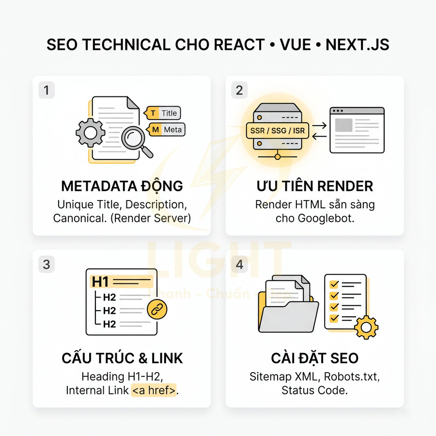 Checklist SEO technical cho React, Vue, Next.js với metadata động, ưu tiên render, cấu trúc link và cài đặt sitemap