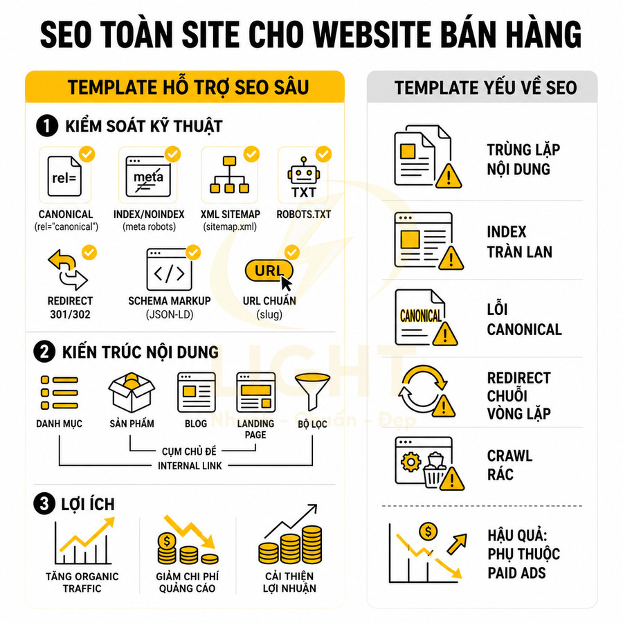 Template SEO toàn site cho website bán hàng với checklist kỹ thuật, kiến trúc nội dung và lợi ích SEO