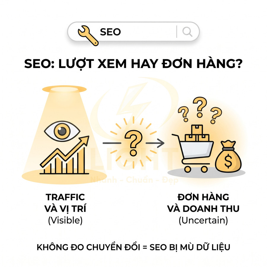 Minh họa SEO so sánh traffic và vị trí với đơn hàng và doanh thu, nhấn mạnh đo lường chuyển đổi