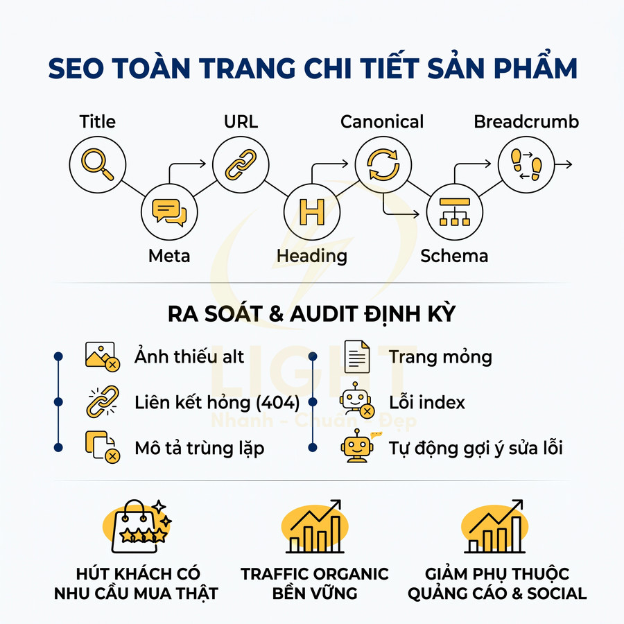 Infographic hướng dẫn SEO trang chi tiết sản phẩm với các bước tối ưu onpage và lợi ích traffic organic