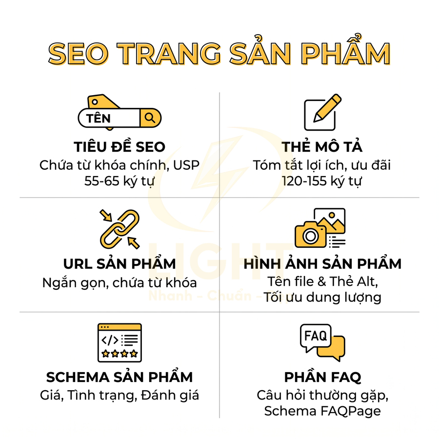 Hướng dẫn tối ưu SEO trang sản phẩm với tiêu đề, mô tả, URL, hình ảnh, schema và phần FAQ