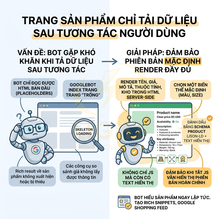 Infographic hướng dẫn tối ưu trang sản phẩm tải dữ liệu sau tương tác để bot Google hiểu và hiển thị rich result