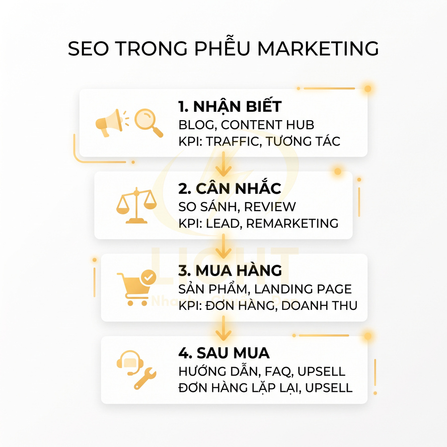 Sơ đồ SEO trong phễu marketing với 4 giai đoạn nhận biết, cân nhắc, mua hàng và sau mua